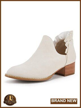 Womens Ruffled Ankle Boots V Cut Out Pointed Toe Chunky Low Heel Western Booties
